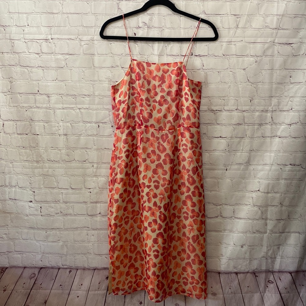Tibi 100% Silk Dainty Midi Dress Red Nude Cheetah Print Size 6 Spaghetti Strap